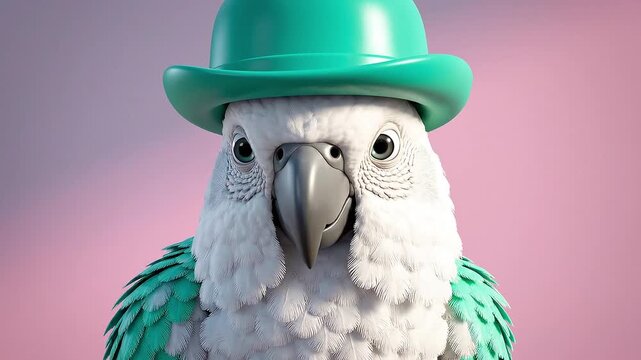 Macaw parrot wearing a bowler hat. Portrait of a bird with turquoise feathers. Animated character in a fantasy setting.