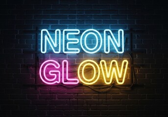 Obraz premium Vibrant neon sign with the words neon glow illuminated in bright blue pink and yellow against a dark textured brick wall creating a retro and energetic atmosphere for nightlife