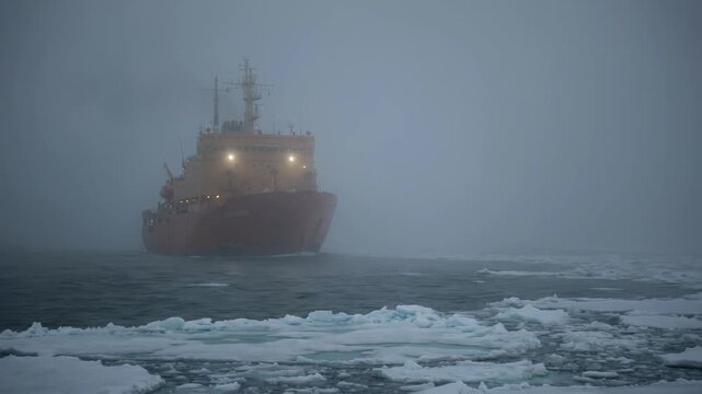 Icebreaker ship navigating through foggy waters, breaking ice in a cold environment, showcasing the vessel's powerful presence against the icy backdrop