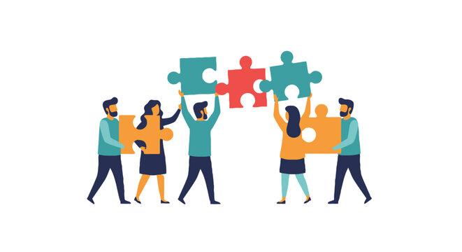 Team members assembling puzzle pieces together in a collaborative effort illustration