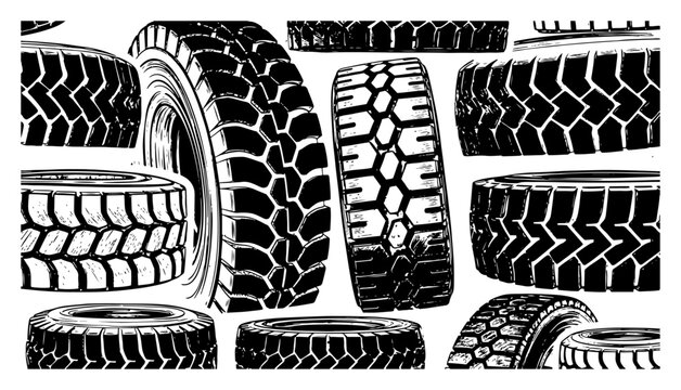 Hand drawn collection of heavy duty truck and tractor tires with deep rubber tread patterns