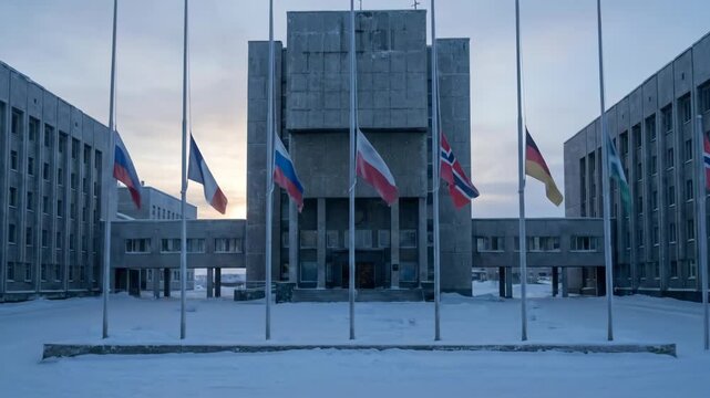 Snow-covered government building with multiple flags in front, showcasing a stark architectural design against a cloudy sky during early morning light