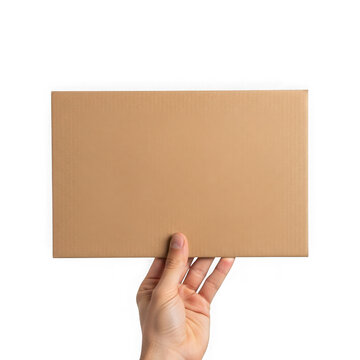 A hand holding a blank piece of brown cardboard against a white background