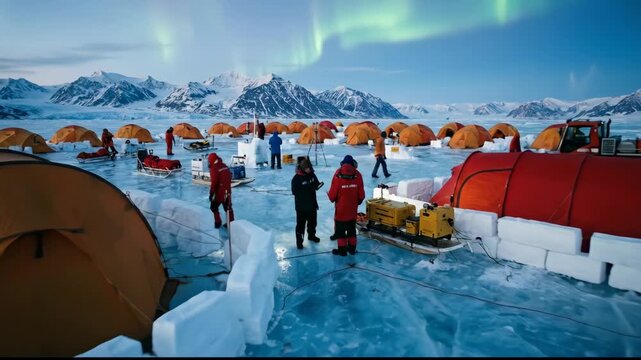 Group of researchers in red jackets interact near orange tents on ice field under northern lights, showcasing an arctic research camp in a remote mountainous region