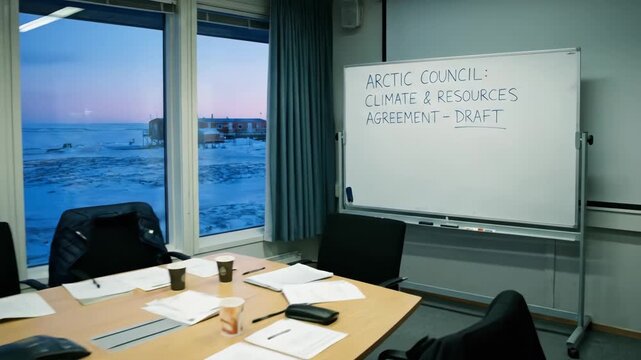 Arctic Council meeting room with a large table covered in documents and coffee cups, featuring a whiteboard displaying the Climate and Resources Agreement draft