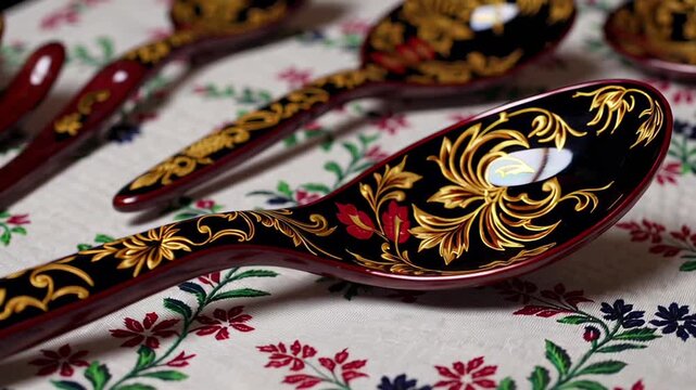 Decorative close up of multiple ornate spoons with gold accents on a traditional floral fabric pattern as a cultural concept