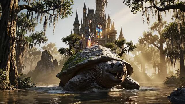 Giant turtle carrying medieval castle emerging from misty swamp forest