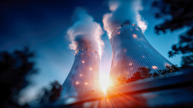 Cooling towers of a nuclear power plant releasing steam at sunrise, framed by soft bokeh flowers, symbolizing energy production and environmental debate