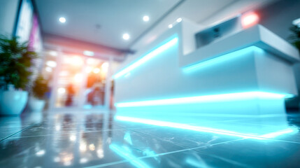 Minimal dental clinic reception counter with glowing cyan LED lights, computers and marble desk in modern healthcare lobby