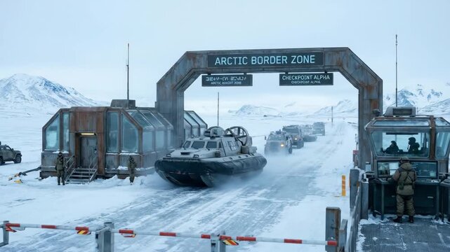 Military vehicles traverse snowy terrain at Arctic border zone checkpoint, showcasing armored personnel carriers and hovercraft in a stark, icy landscape