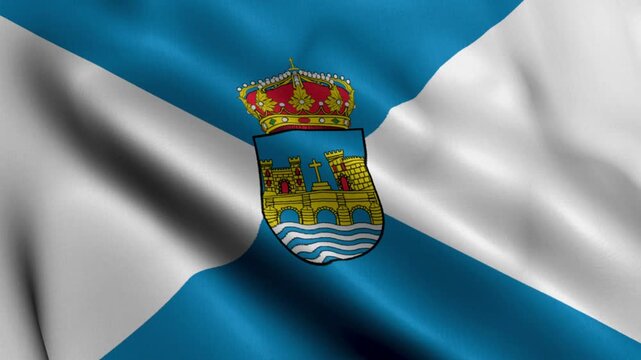 Waving Flag Of Pontevedra City In Pontevedra Spain With White And Blue Design And The Official Coat Of Arms Fluttering Softly In The Wind 4K Footage For Cultural Travel Projects