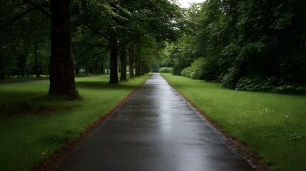 Obraz premium A wet pathway through a lush green park lined with trees on a cloudy day