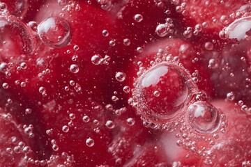 Macro shot of effervescent bubbles in a vibrant red liquid, creating a sparkling abstract texture for food and drink related design element
