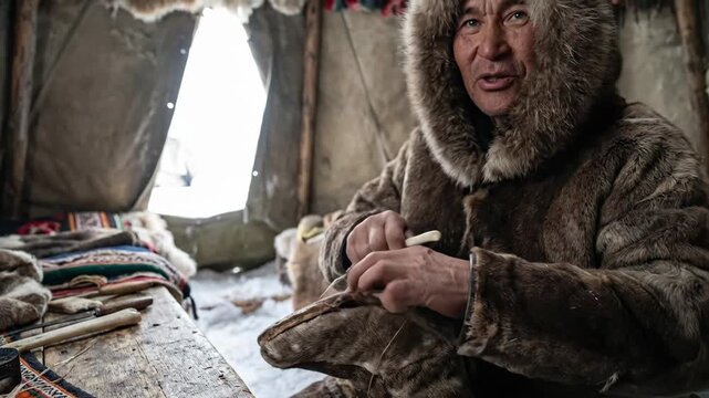 Elderly man in fur clothing stitches traditional footwear inside a tent, showcasing craftsmanship with tools and materials visible on a wooden table