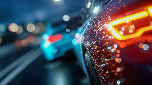 Rainy night traffic close-up with glowing car taillight and cinematic bokeh reflections on wet road