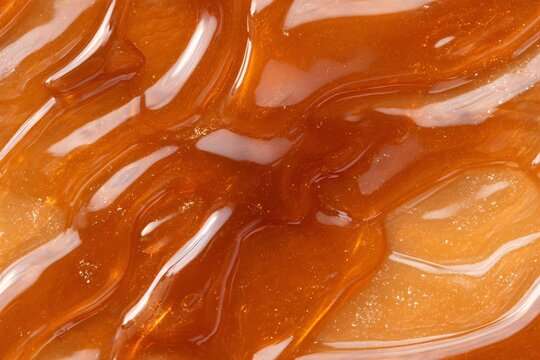Brown caramel texture or melted golden honey as sweet food background for confectionery product. Sticky sugar syrup wave.