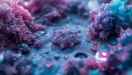 Fototapeta premium Colorful Crystals and Unique Formations With Water Droplets Under Soft Light