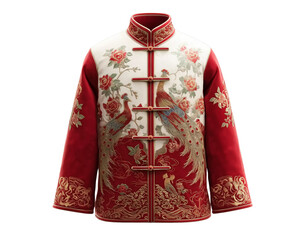 red short cheongsam dress with a golden floral pattern, front view, white background, high-definition photography. 