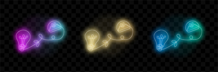 Obraz premium Neon Light Bulbs Collection, Glowing Ideas And Innovation Concepts Vector Illustration