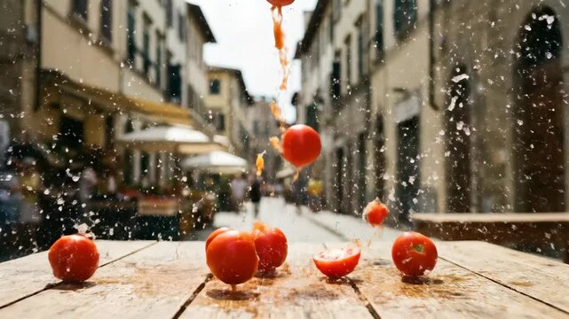 Red tomatoes falling and splashing into water on wooden table in a vibrant market street with blurred background of shops and people enjoying the sunny day