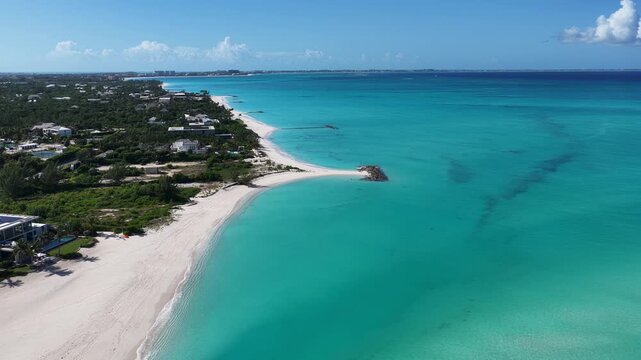 Leeward Beach At Providenciales In Overseas Territory Turks And Caicos Islands. Beach Landscape. Shades Of Blue Watercolor. Travel Destination. Leeward Beach In Providenciales. Nature Seascape.