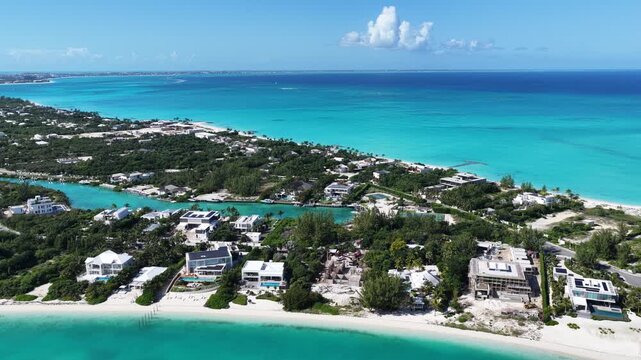 Leeward Beach At Providenciales In Overseas Territory Turks And Caicos Islands. Beach Landscape. Shades Of Blue Watercolor. Travel Destination. Leeward Beach In Providenciales. Nature Seascape.