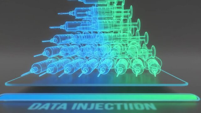 3D digital representation of stacked syringes in a triangular formation with a progress bar below, showcasing a vibrant blue and green color scheme in a modern design