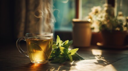 Warm Herbal Tea with Fresh Mint Leaves