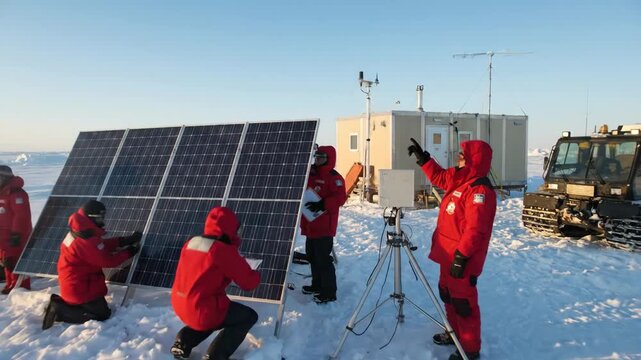 Group of researchers in red jackets working on solar panels in snowy Arctic landscape, with equipment and research station visible in the background