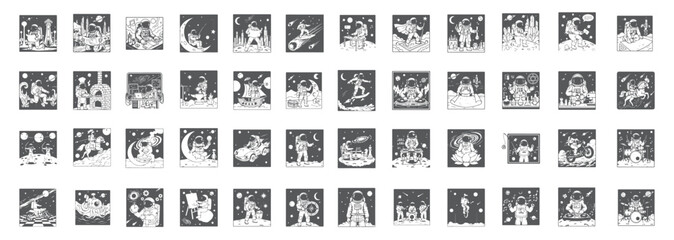 Hand drawn space traveler, moon and astronaut badge set © 99VectorS