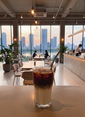 Modern dining room interior of a luxury restaurant featuring elegant wood furniture and glass decor in an empty indoor architecture design