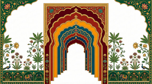 An ornate colorful archway with floral and animal motifs displayed