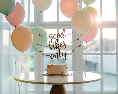 Good vibes only celebration with cake and colorful balloons indoors