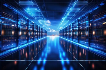 Obraz premium Data center corridor with glowing blue server racks opening to a city skyline connecting to cloud services