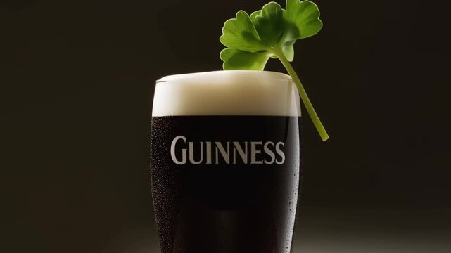 A perfect pint of guinness with a shamrock for st patrick's day, ideal for beverage advertising and pub promotions