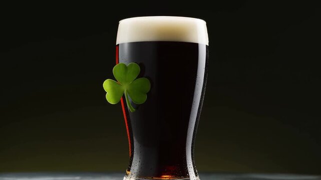 A perfect pint of guinness with a shamrock for st patrick's day, ideal for beverage advertising and pub promotions