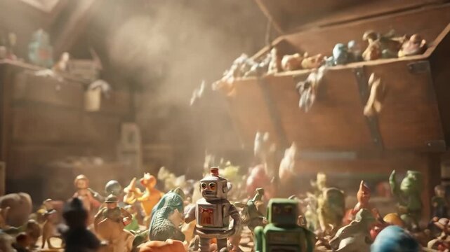 Colorful toy figures spill from an open wooden chest in a sunlit attic, surrounded by various nostalgic items and a warm, inviting atmosphere