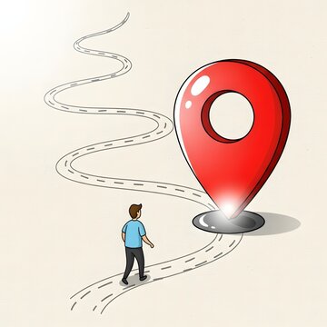 Person following a glowing map pin on a winding path towards an unknown destination