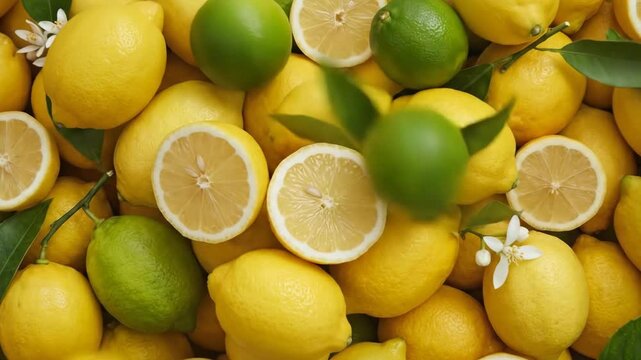 Fresh lemons and limes arranged in a vibrant display with green leaves and white blossoms, showcasing various sizes and cuts of citrus fruits on a textured surface