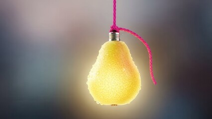 Glowing pear lightbulb hanging from pink cord against blurred background