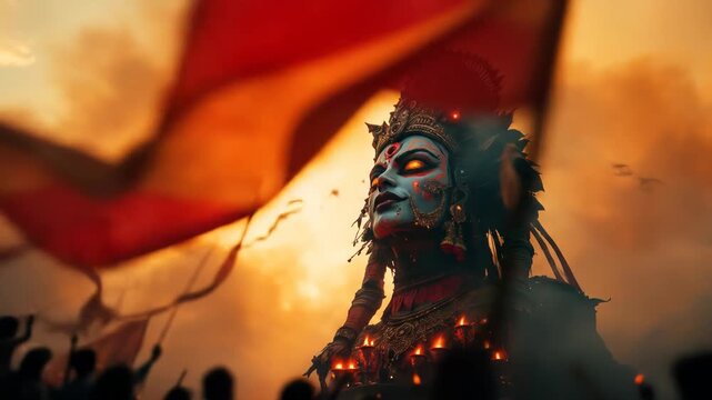 Giant durga statue burning during dussehra festival, with flags waving and crowd cheering
