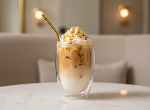 A fresh glass of cold chocolate ice cream and a sweet cup of coffee milk frappe served with yogurt and fruit make a delicious cafe breakfast dessert beverage
