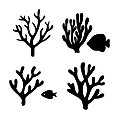 Fototapeta premium Stylized black silhouettes of various coral formations and small fish creating an underwater scene