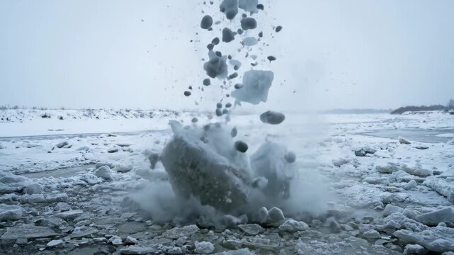 Large ice block shattering into pieces as it falls onto frozen river surface, creating splashes and debris in a winter landscape with snow-covered banks