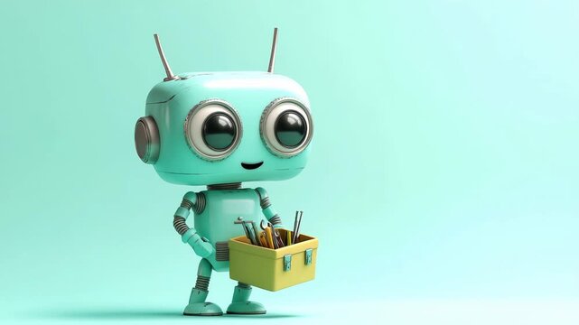 Friendly robot cartoon character carrying toolbox isolated on a turquoise background
