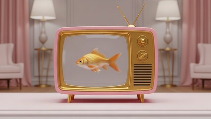 goldfish swimming inside retro pink television with vintage lamps and chairs in background