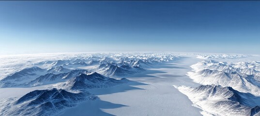 Fototapeta premium Majestic Icescape An aerial panorama captures the serene beauty of a vast, icy landscape, where snow-covered mountains meet a pristine, frozen expanse under a clear, endless sky. 