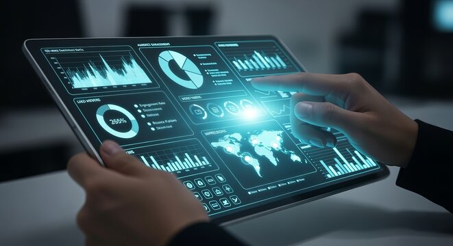 Futuristic Holographic Audience Analytics Visualization with Modern Charts and Glowing Interface