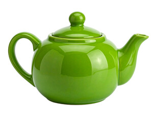 Glossy Green Ceramic Teapot with Lid, Front View, Minimalist Style, Isolated on Transparent Background