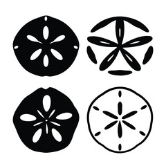 Collection of stylized sand dollar designs in black and white silhouette and outline styles © Muntahaart
